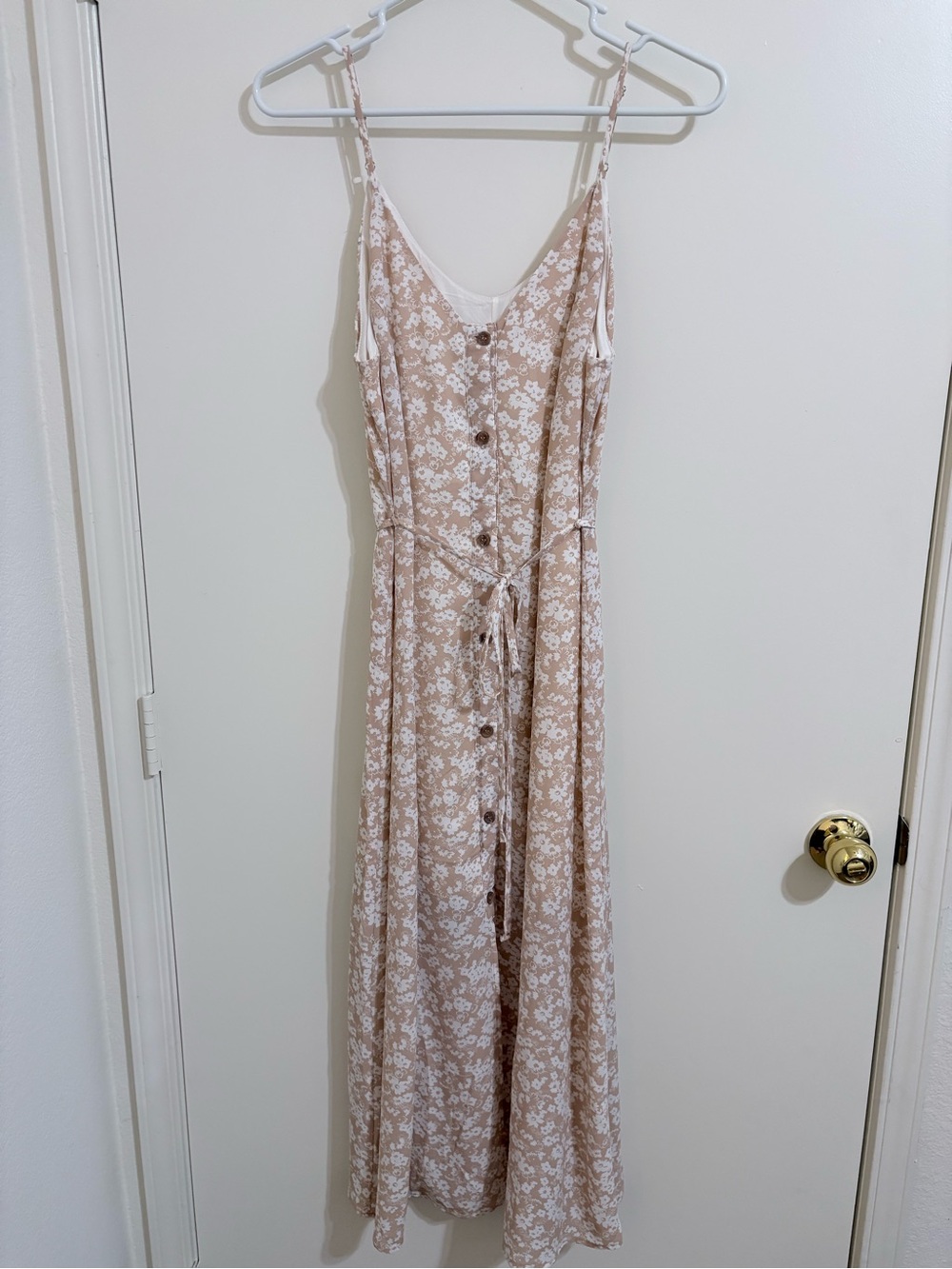 Sienna Sky Beige Floral Button-Front Tie-Waist Maxi Dress